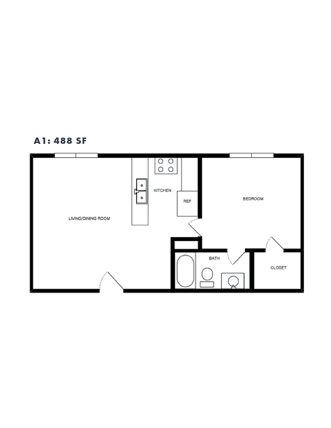 Floor plan for 1 bed, 1 bath, 488 sqft